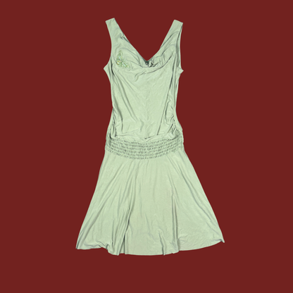 (L) 90s/Y2K Slinky Green Drop Waist Midi Dress