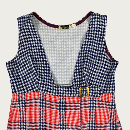 (M/L) 60s Red/Navy Plaid Buckle Mini Dress