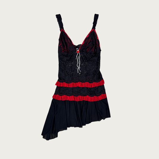 (S) Frederick's of Hollywood Black/Red Asymmetrical Rose Slip Dress