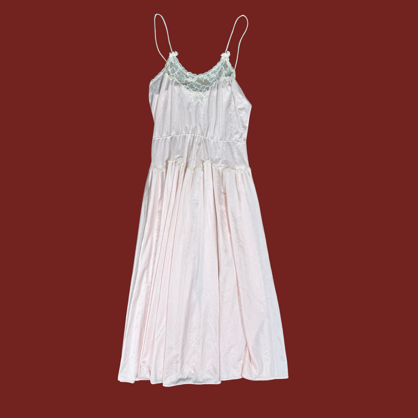 (S) 70s/80s Baby Pink Lace Trim Midi Slip Dress