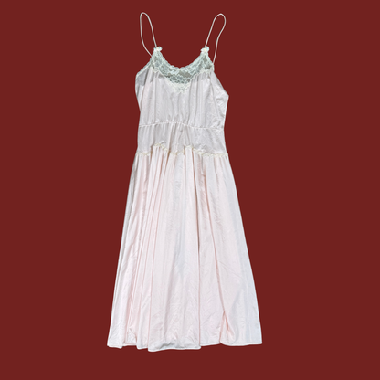(S) 70s/80s Baby Pink Lace Trim Midi Slip Dress