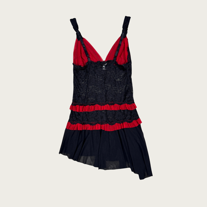 (S) Frederick's of Hollywood Black/Red Asymmetrical Rose Slip Dress
