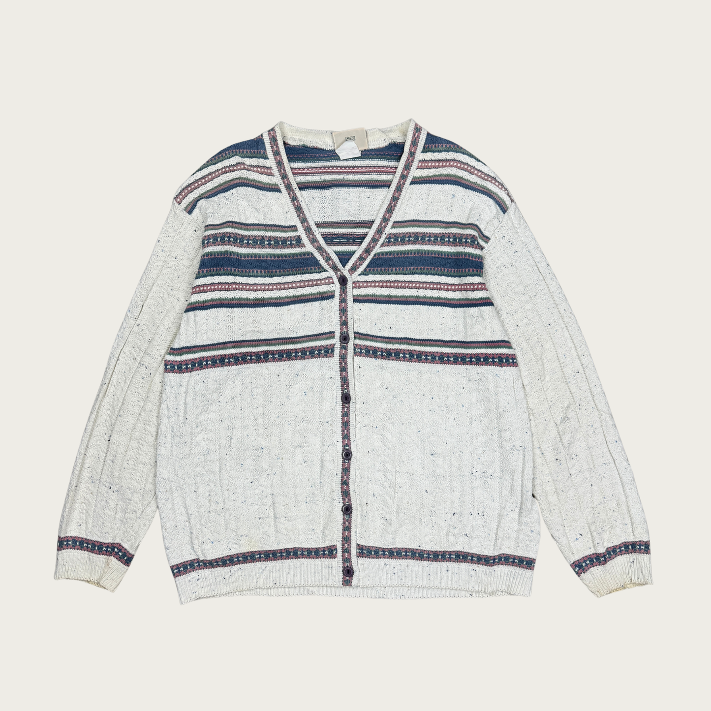 (L) Cream Striped Knit Cardigan