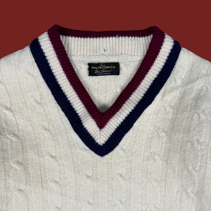 (L) 70s Wool Cable Knit Tennis Sweater