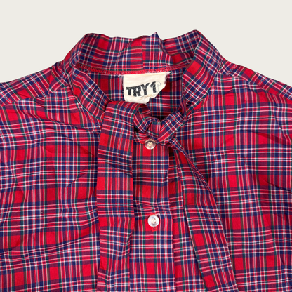 (L) Red Plaid Neck Tie Blouse