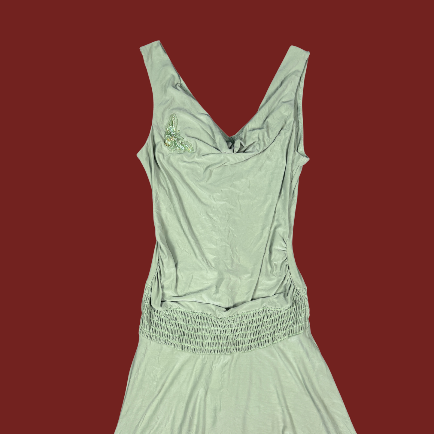 (L) 90s/Y2K Slinky Green Drop Waist Midi Dress