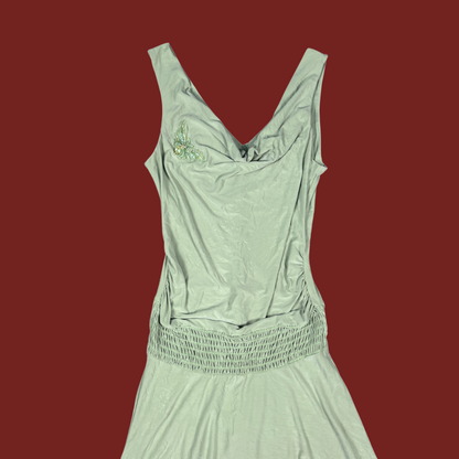 (L) 90s/Y2K Slinky Green Drop Waist Midi Dress