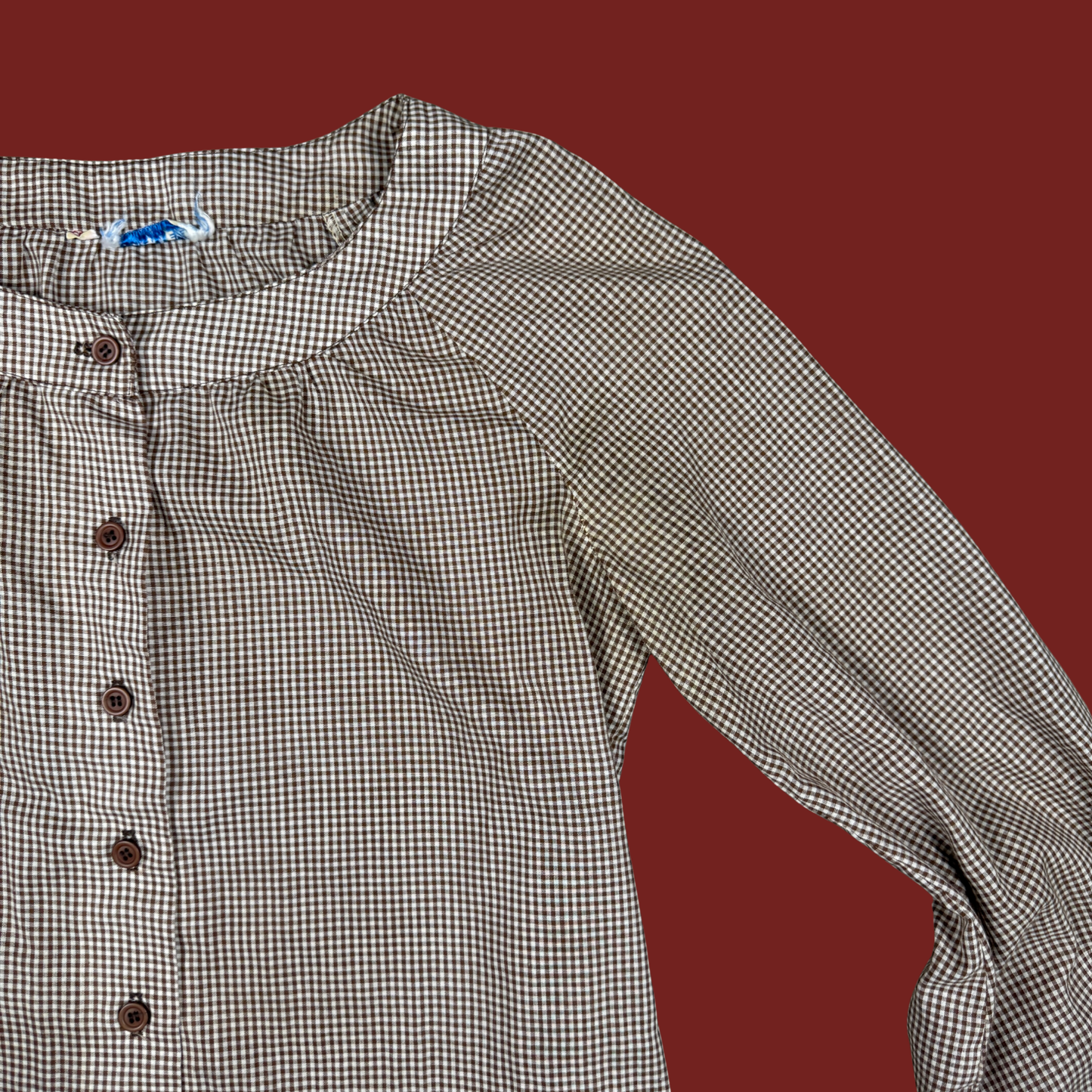 (M) 70s Brown Gingham Blouse Shirt