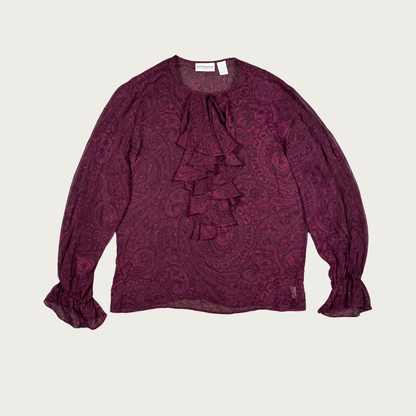 (L) Burgundy Paisley Print Silk Ruffle Blouse