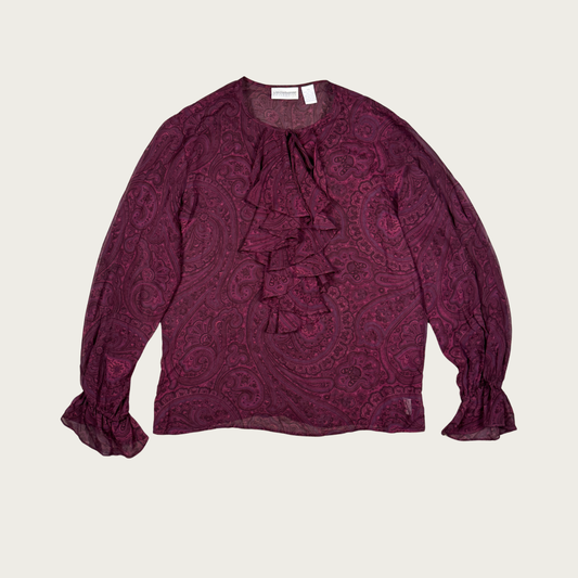 (L) Burgundy Paisley Print Silk Ruffle Blouse