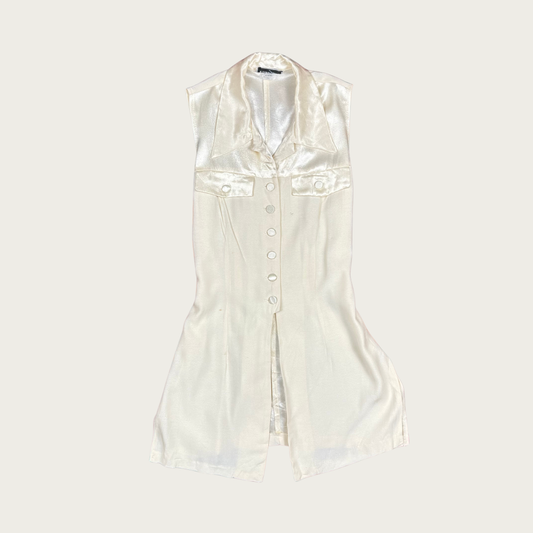 (S/M) 90s/Y2K Cream Satin Button Up Sleeveless Blouse