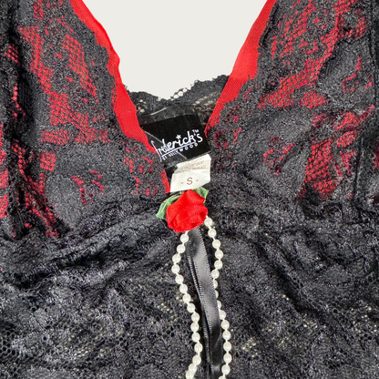 (S) Frederick's of Hollywood Black/Red Asymmetrical Rose Slip Dress