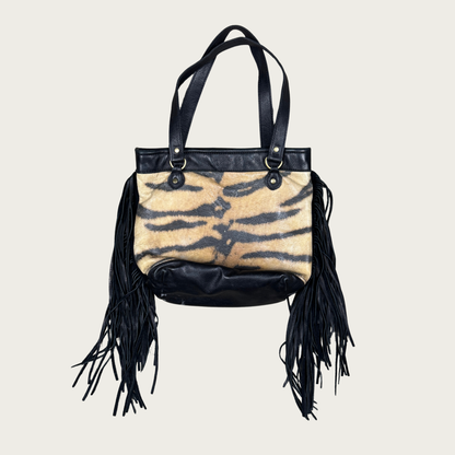 Zebra Print Fringe Leather Shoulder Bag