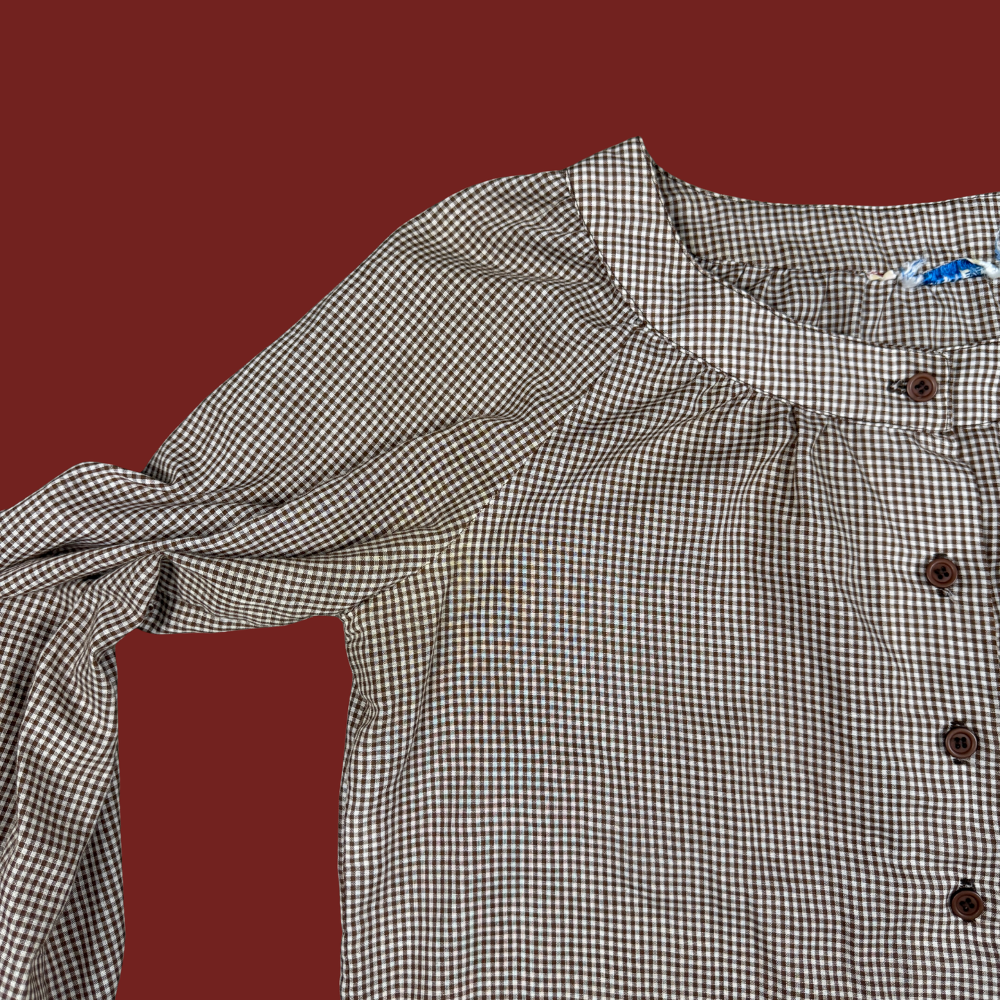 (M) 70s Brown Gingham Blouse Shirt