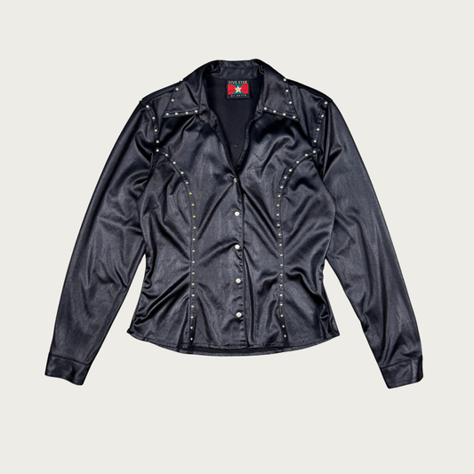 (M) 80s/90s Western Studded Black Satin Snap Button Top