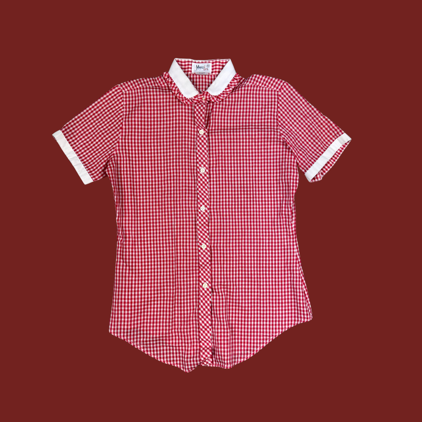 (M) 70s/80s Red Gingham Short Sleeve Blouse