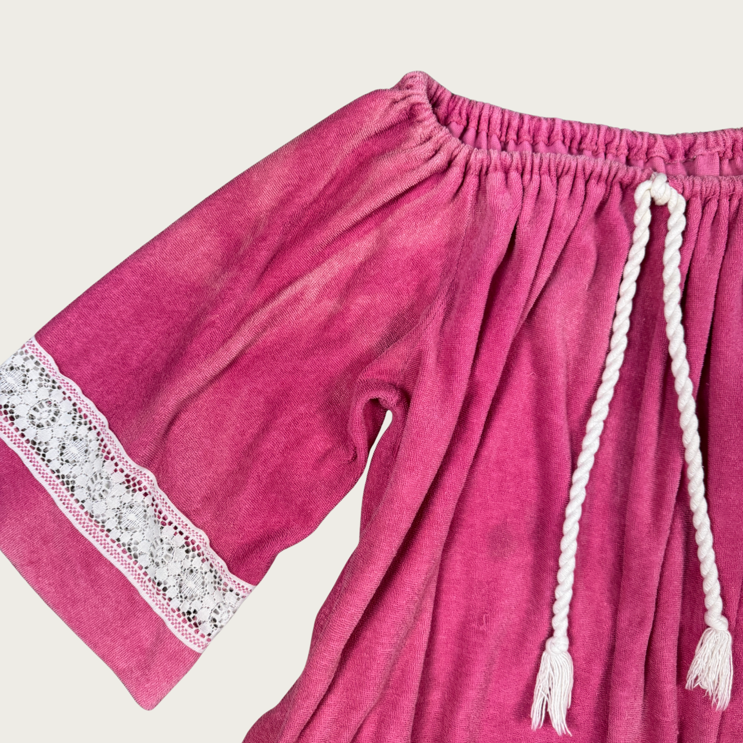 (S/M) 70s Pink Terrycloth Bell Sleeve Mini Dress
