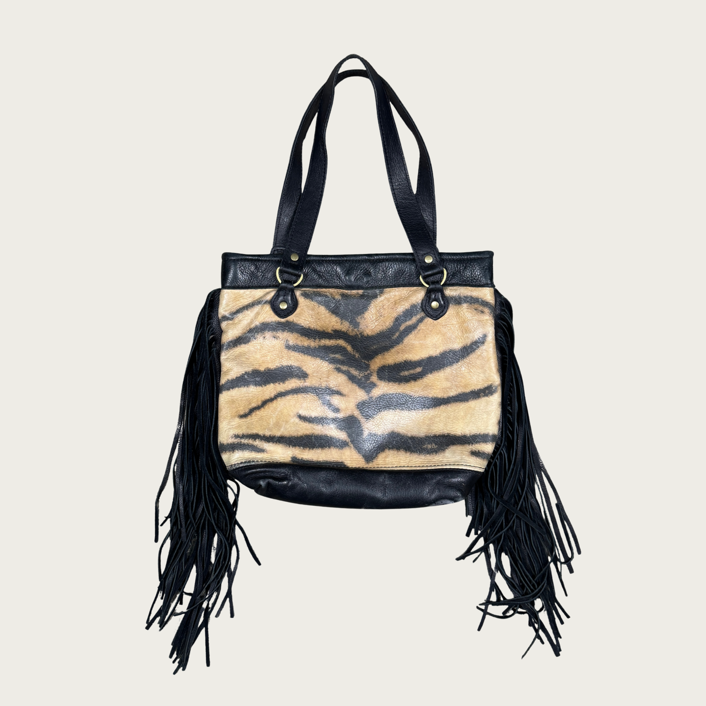 Zebra Print Fringe Leather Shoulder Bag