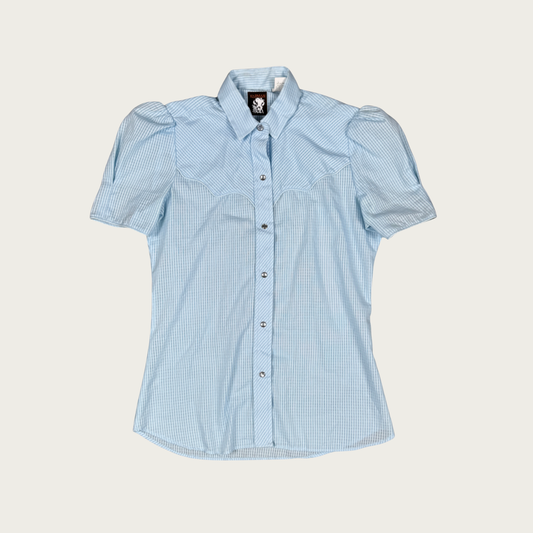 (M) 70s/80s Light Blue Western Snap Button Blouse