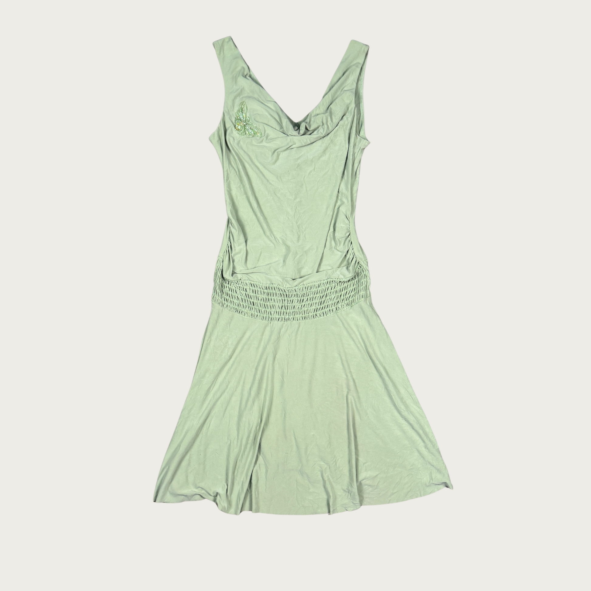 L) 90s/Y2K Slinky Green Drop Waist Midi Dress The Clothing Warehouse L) 90s/Y2K Slinky Green Drop Waist Midi Dress The Clothing Warehouse