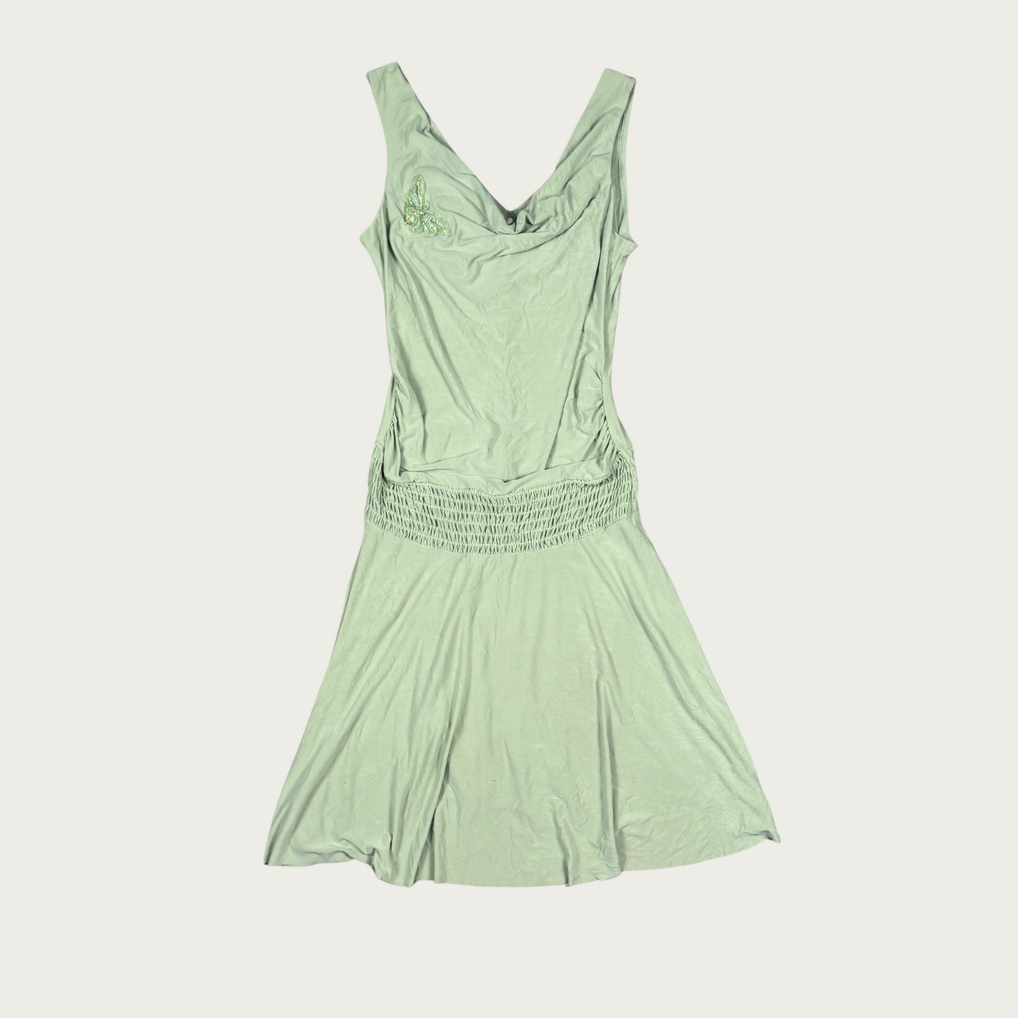 (L) 90s/Y2K Slinky Green Drop Waist Midi Dress