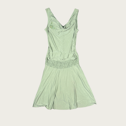 (L) 90s/Y2K Slinky Green Drop Waist Midi Dress