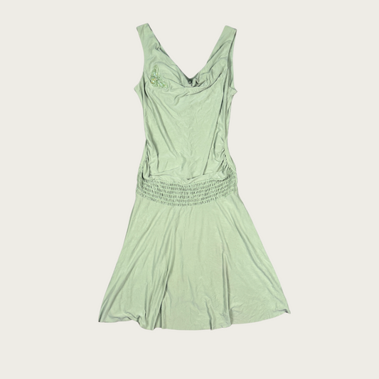 (L) 90s/Y2K Slinky Green Drop Waist Midi Dress