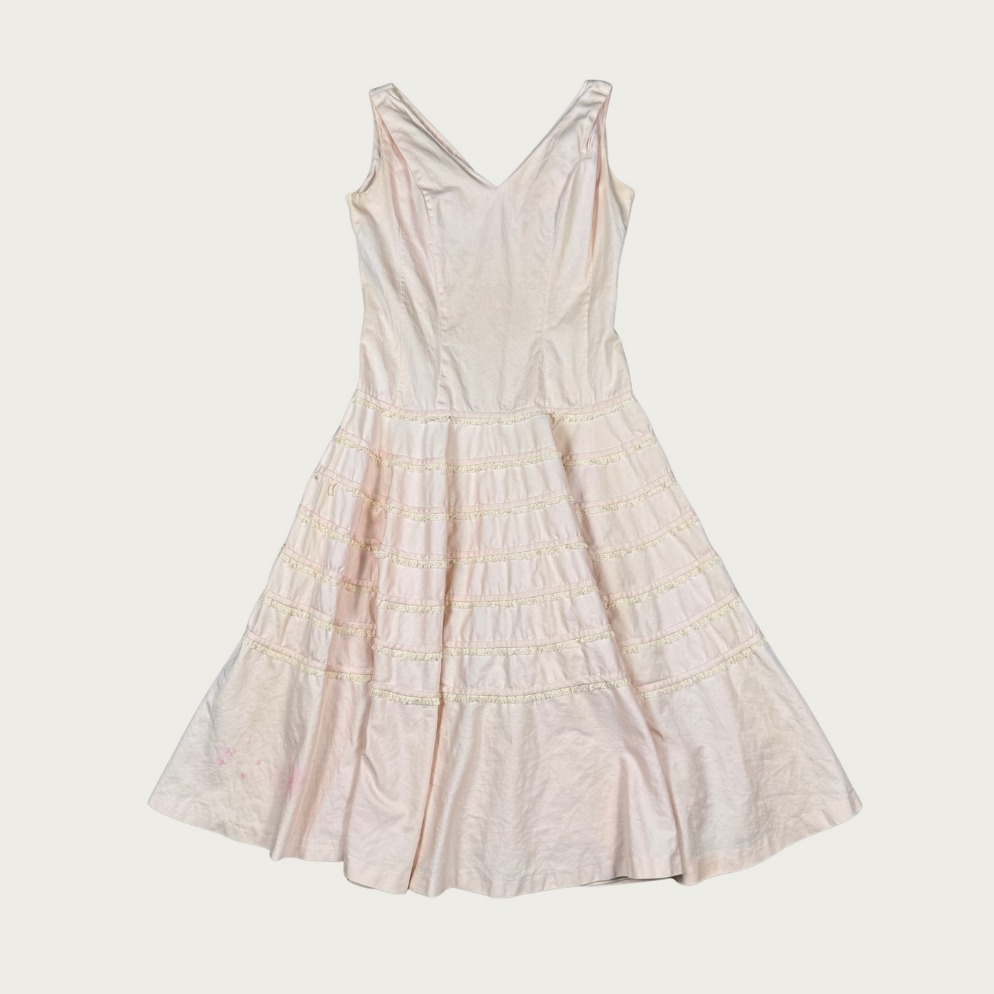 (M) 60s/70s Baby Pink Lace Ruffle Trim Midi Dress