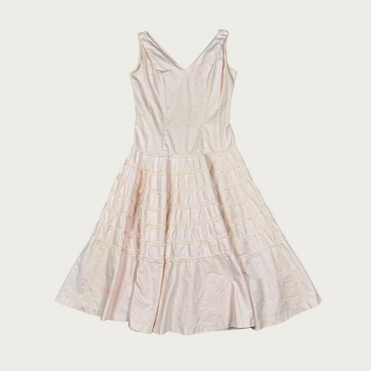 (M) 60s/70s Baby Pink Lace Ruffle Trim Midi Dress