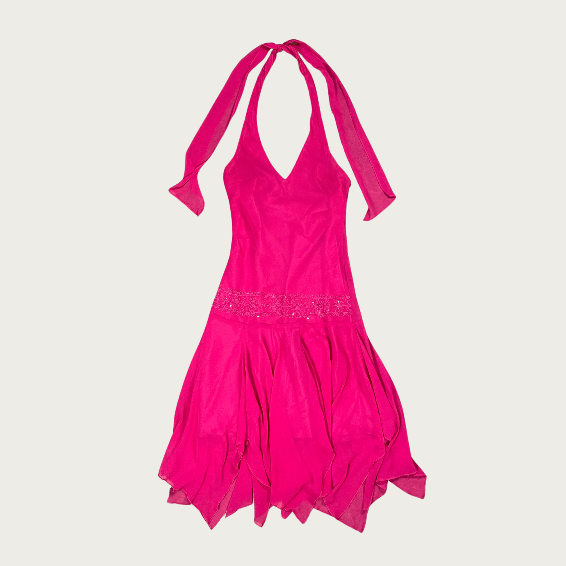 M) Y2K Fuchsia Drop Waist Beaded Halter Dress The Clothing Warehouse M) Y2K Fuchsia Drop Waist Beaded Halter Dress The Clothing Warehouse