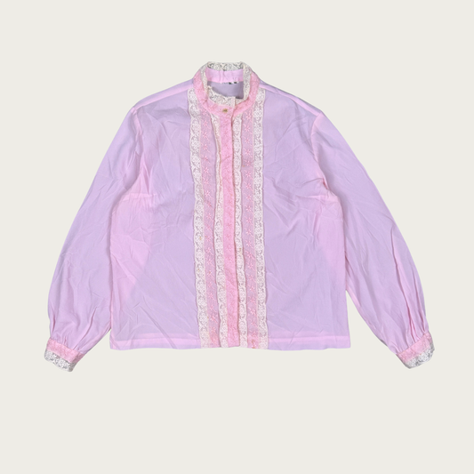 (L) 60s/70s Pink Lace Trim Blouse