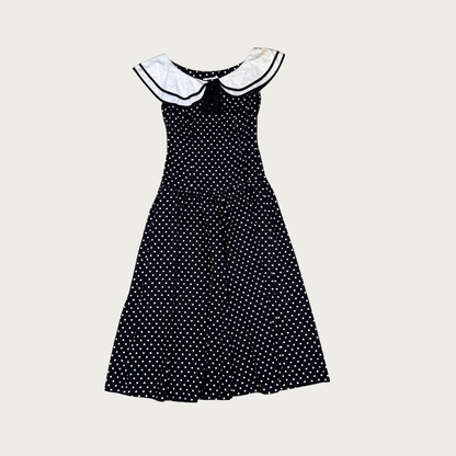(S) 60s/70s Black/White Sailor Collar Polka Dot Midi Dress