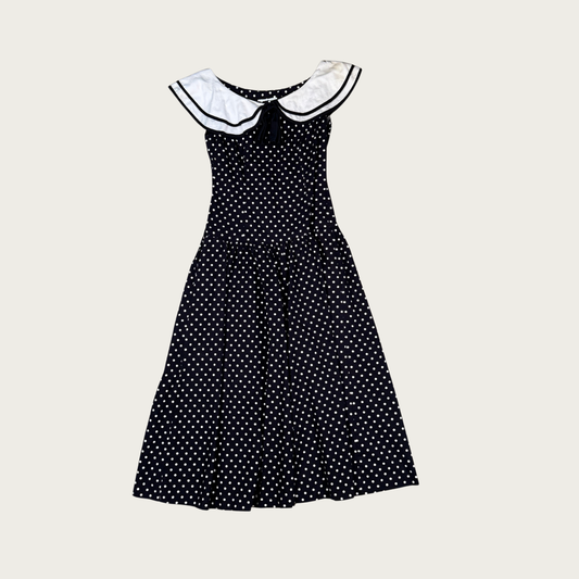 (S) 60s/70s Black/White Sailor Collar Polka Dot Midi Dress
