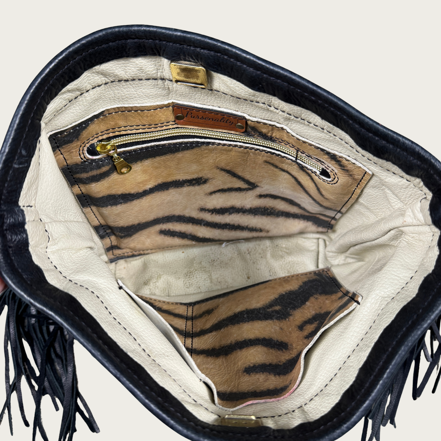Zebra Print Fringe Leather Shoulder Bag