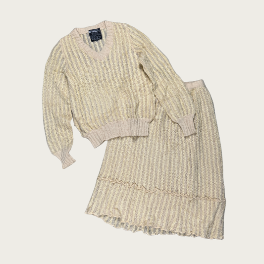(M) 80s Cream Wool/Mohair Matching Sweater and Skirt Set