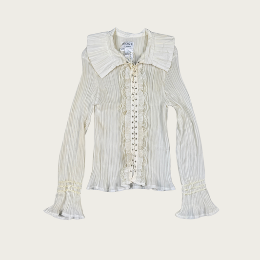 (L/XL) 90s/Y2K Pleated Lace Up Ruffle Blouse