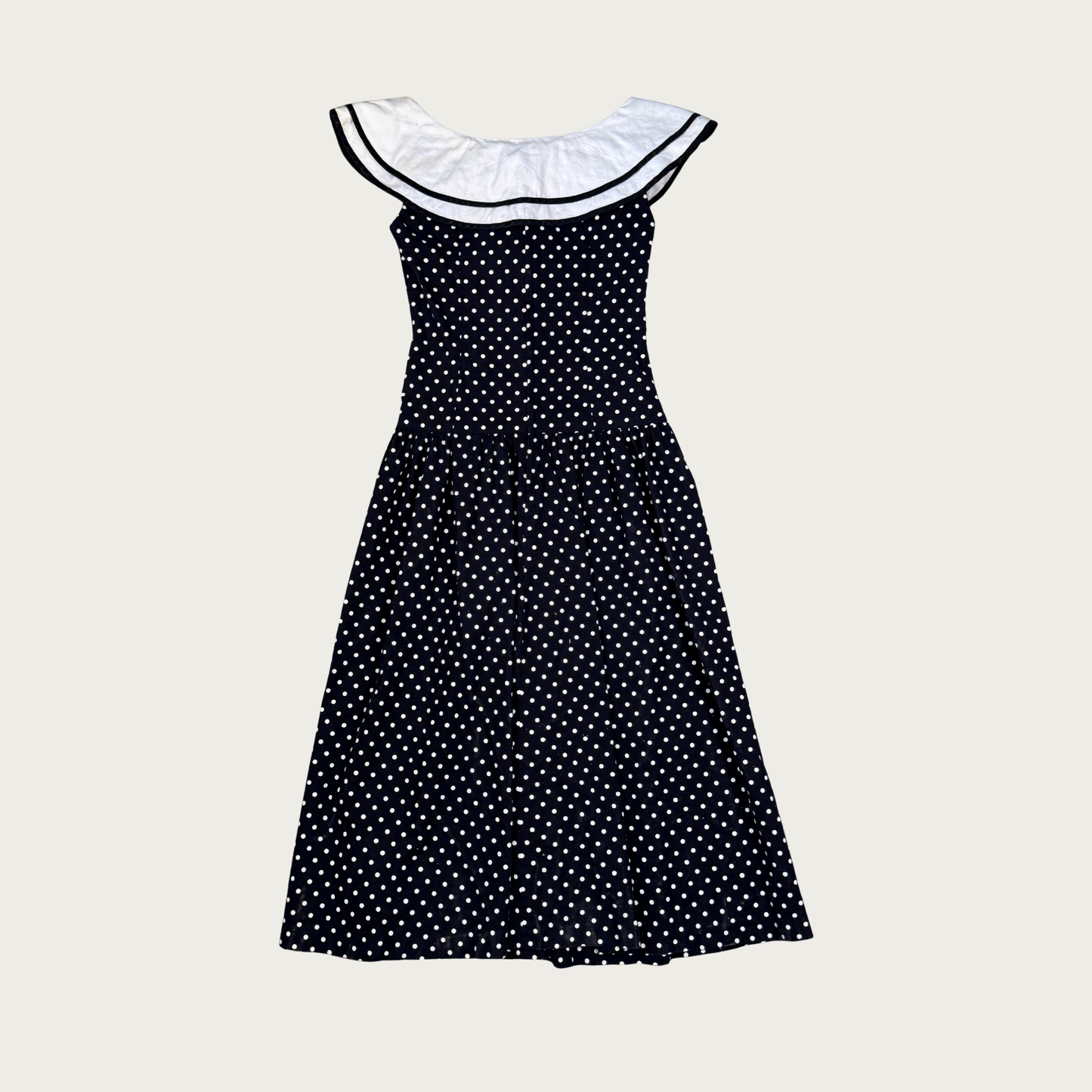 (S) 60s/70s Black/White Sailor Collar Polka Dot Midi Dress