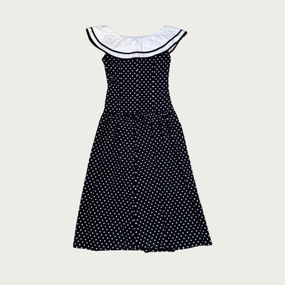 (S) 60s/70s Black/White Sailor Collar Polka Dot Midi Dress