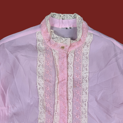 (L) 60s/70s Pink Lace Trim Blouse