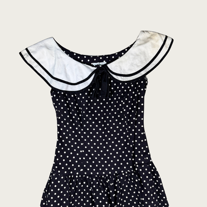 (S) 60s/70s Black/White Sailor Collar Polka Dot Midi Dress