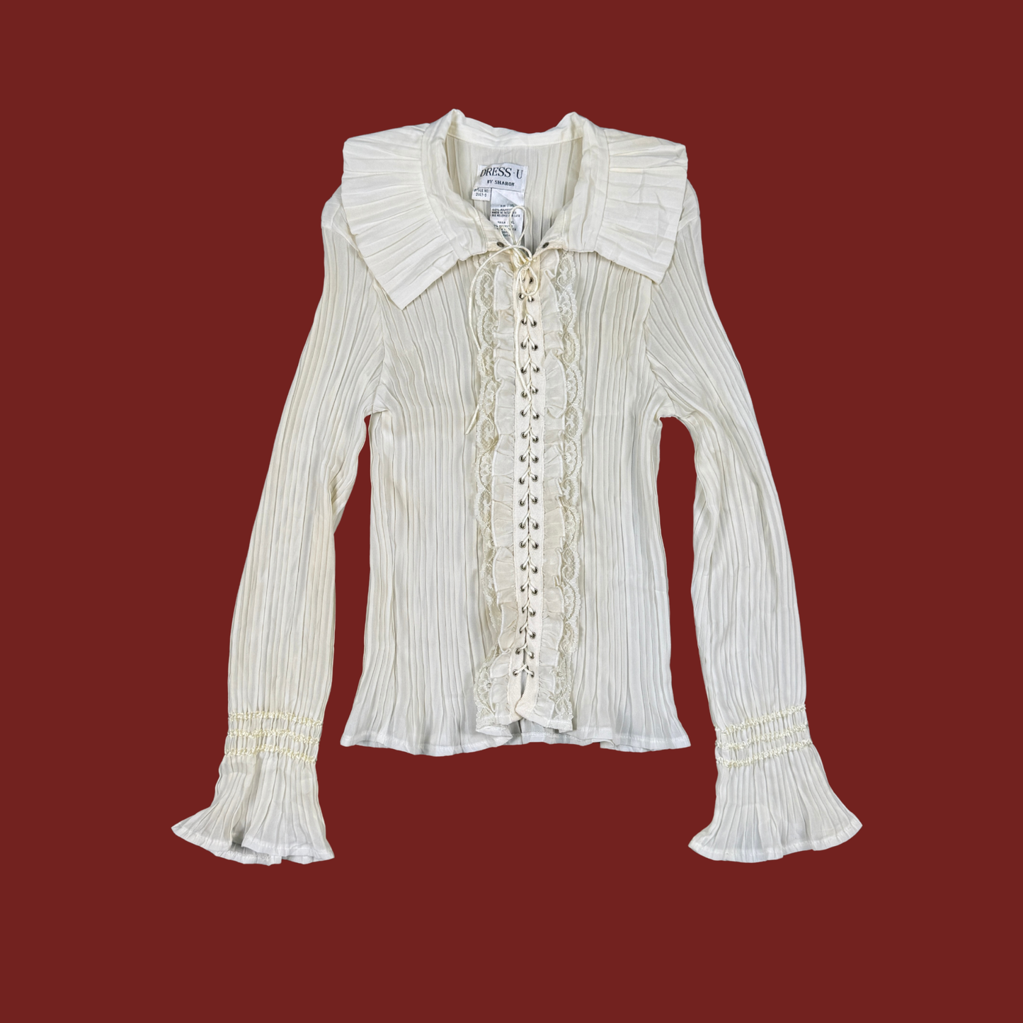 (L/XL) 90s/Y2K Pleated Lace Up Ruffle Blouse