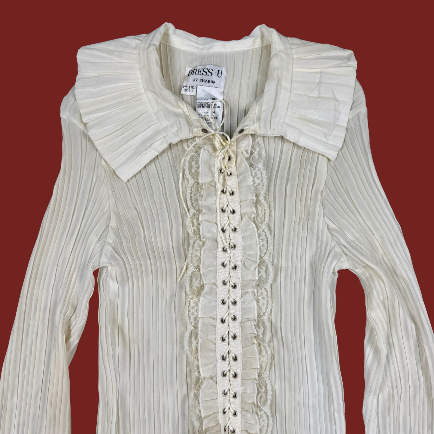 (L/XL) 90s/Y2K Pleated Lace Up Ruffle Blouse