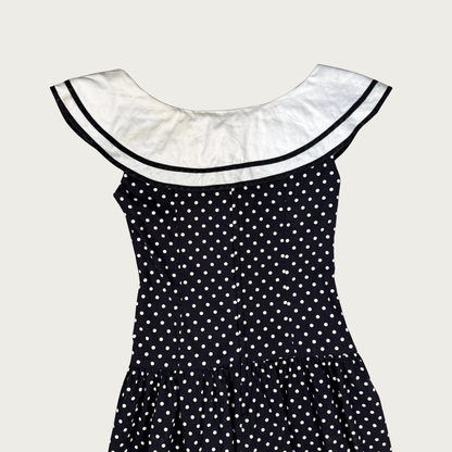 (S) 60s/70s Black/White Sailor Collar Polka Dot Midi Dress