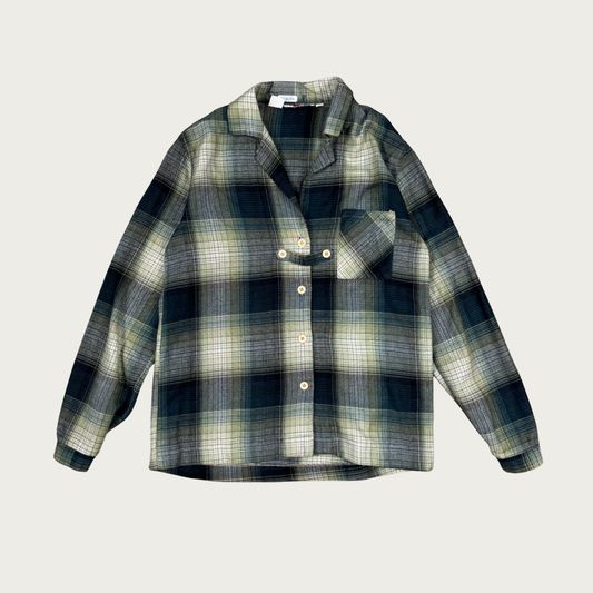 (M) Green Plaid Flannel Blouse