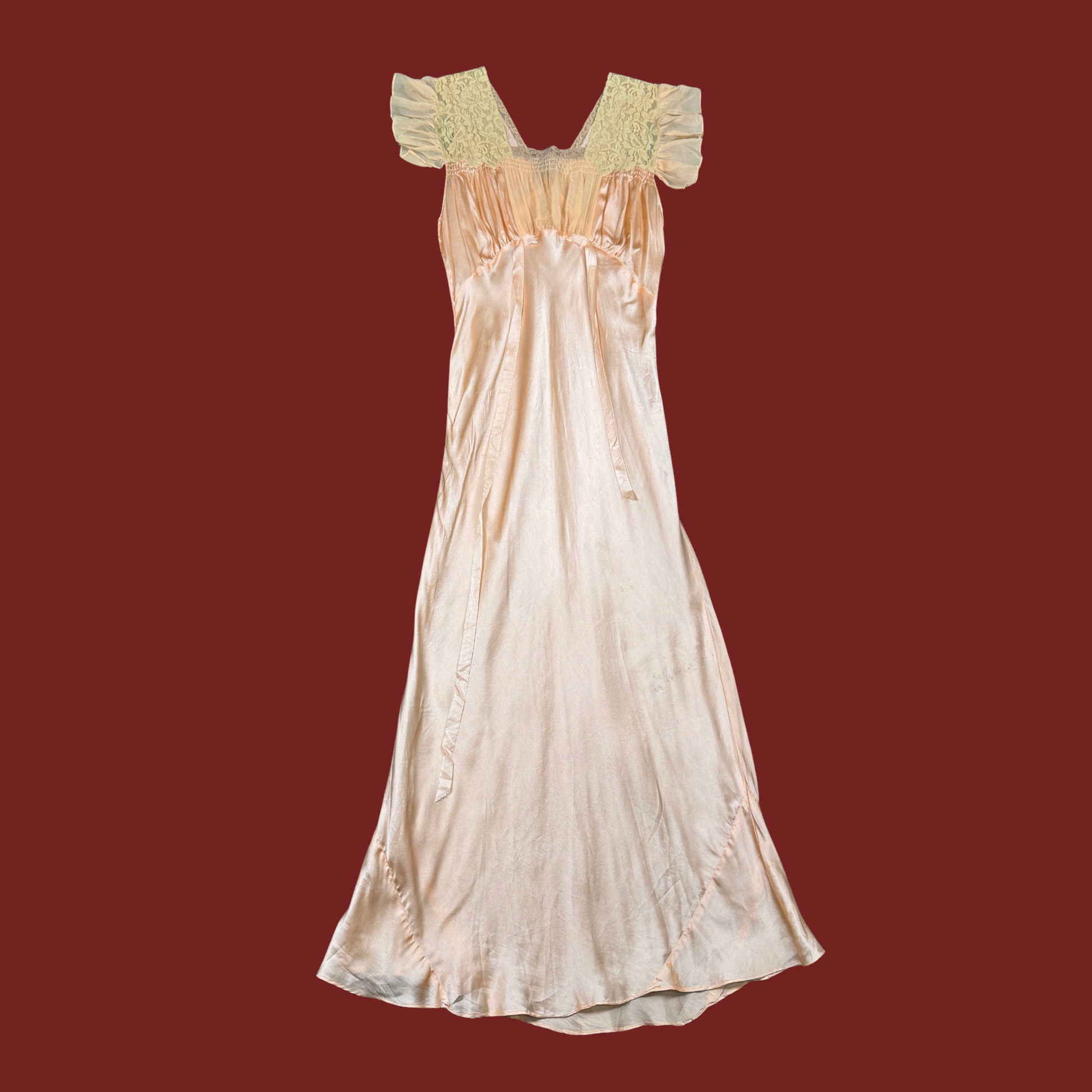 (M/L) 1930s Peach Ecru Lace Satin Bias Cut Dress (M/L) 1930s Peach Ecru Lace Satin Bias Cut Dress