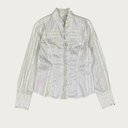 (M) Cream Pinstripe Ruffle Blouse