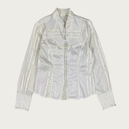 (M) Cream Pinstripe Ruffle Blouse