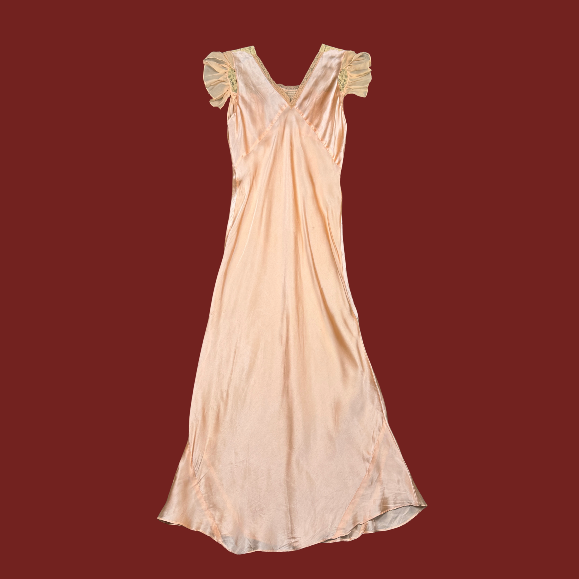(M/L) 1930s Peach Ecru Lace Satin Bias Cut Dress (M/L) 1930s Peach Ecru Lace Satin Bias Cut Dress