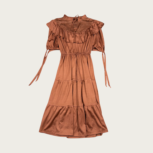 (M) 70s Brown Ruffle Midi Dress