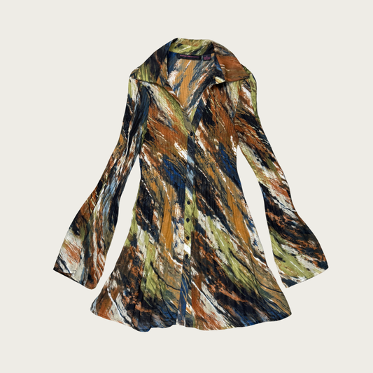 (M) Y2K Earth Toned Printed Bell Sleeve Dress